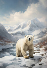 A polar bear in a snowy mountain environment