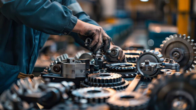 A worker inspecting and repair a piece of machinery on the production line, close up.