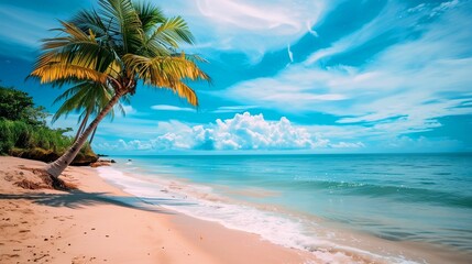 Fototapeta na wymiar photo summer day on the beach with palm trees and blue sky.