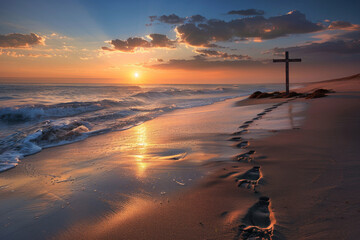 A tranquil beach at dawn, with footprints in the sand leading to a cross washed ashore, symbolizing Jesus' triumph over death and the promise of eternal life. - 768942913