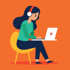 Woman sitting at the desk with laptop work place concept illustration