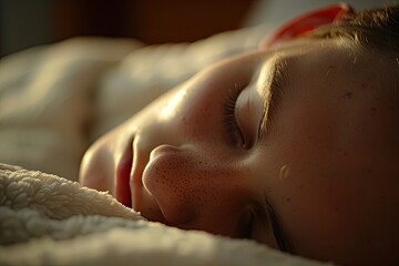 A close-up of a persons face in deep sleep with a soft focus on the peaceful expression and the comfort of the pillow - obrazy, fototapety, plakaty