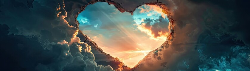 A dramatic background with a heart-shaped cutout revealing a stormy sky symbolizing loves power to overcome challenges - obrazy, fototapety, plakaty