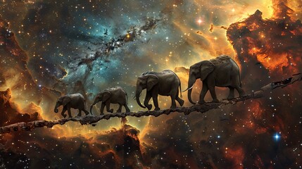 A family of elephants traversing a bridge made of stars connecting two parts of a nebulous cloud - obrazy, fototapety, plakaty
