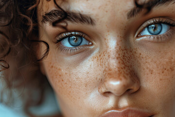 A young woman showcasing flawless complexion, emphasizing skincare, cosmetology, and aesthetics