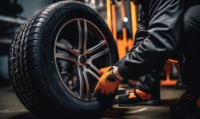 Fototapeta na wymiar A car mechanic changes winter tire on a car wheel