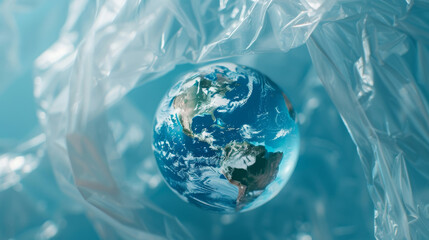 Earth globe inside a plastic bag, planet vs. plastics, pollution concept.