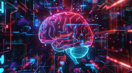 A neon brain interface showcasing thoughts and ideas as glowing connections in a network - obrazy, fototapety, plakaty