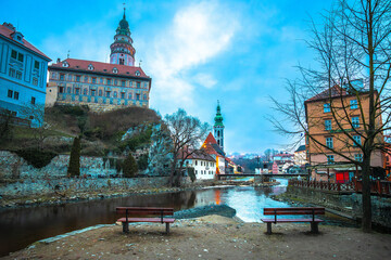Cesky Krumlov scenic architecture and Vltava river dawn view - 768943551