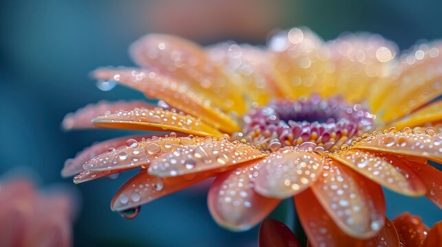 Close up of a flower with raindrops on it. The flower is orange and has a droplet of water on it