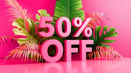 Word "50% OFF" for 3D rendering of objects. Advertising volumetric poster with pink background and green and blue palm trees. Banner for summer distribution.