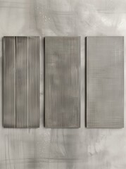 pieces of grey concrete material, each with different textures and patterns, arranged on top of one another in the same row, creating an artistic display.