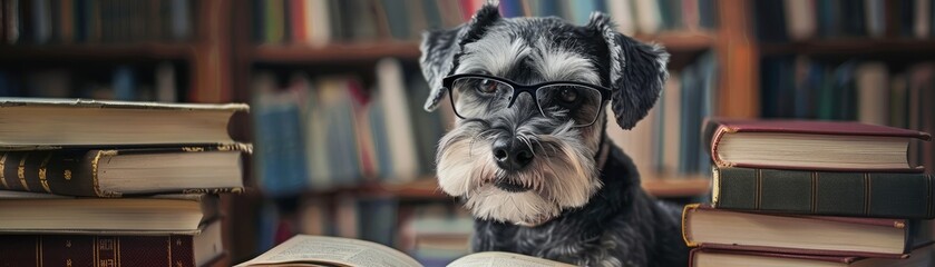 A schnauzer as a librarian wearing spectacles and sitting next to a stack of miniature books - obrazy, fototapety, plakaty