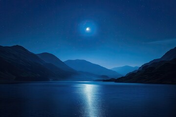 The gleaming surface of a calm lake under a moonlit sky bordered by dark mountains