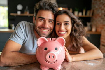 Close up of joyful couple, savings in piggy bank for their wedding