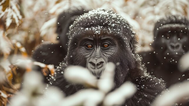 Black and white photo of a gorilla with snow on its face. The photo has a moody and mysterious feel to it