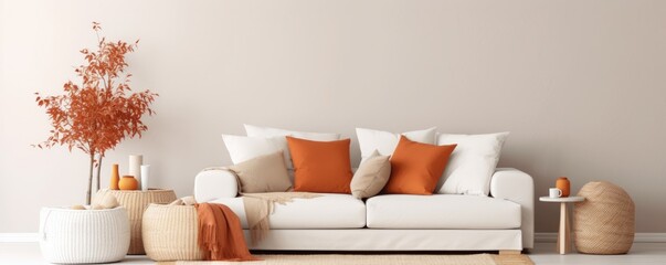 Interior design, detail of bright sofa with pillows and a warm blanket - obrazy, fototapety, plakaty
