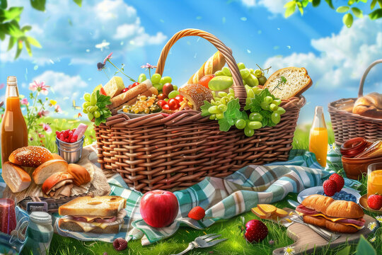 Picnic basket overflowing with delectable sandwiches, fruit, and snacks, against a backdrop of lush green grass and blue sky.