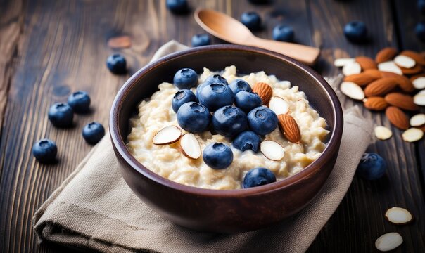 Oatmeal porridge with fresh blueberries and almonds in a bowl on wooden table. Healthy breakfast concept