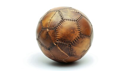 Intricately stitched, vintage leather soccer ball stands against a white backdrop, its craftsmanship highlighting the evolution of the sport's iconic equipment.