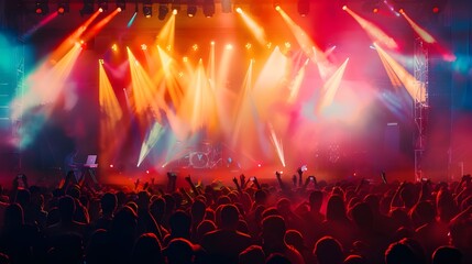 At a live concert during a mass party, the stage lights shine brightly, sparks and rays create a feeling of lively energy and musical atmosphere.