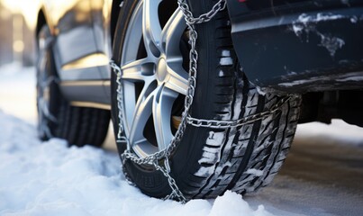 Chain on a car wheel in winter on snowy road. Close up photo of winter tire with chain.