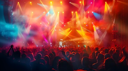 A live concert at a music festival is surrounded by bright stage lights, creating the effect of...