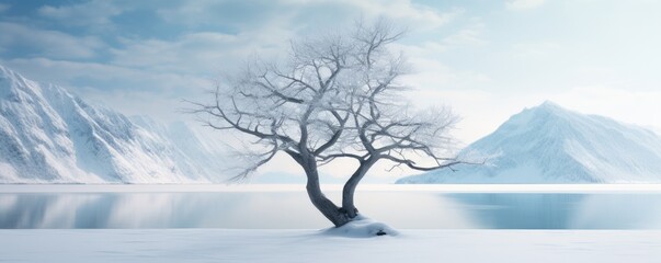 Frozen Tree alone in the middle of foggy lake, beautiful winter mountain landscape around.