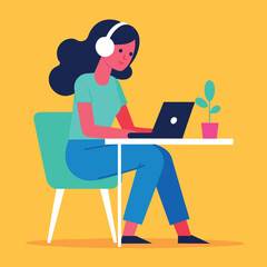 Young woman working using laptop flat vector illustration
