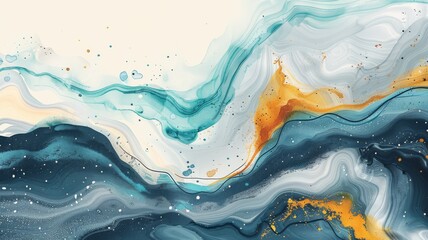 Acrylic flow art featuring serene blue waves with delicate golden accents and dynamic swirls.. - obrazy, fototapety, plakaty