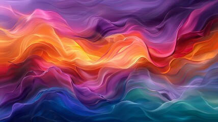 An oil painting of rhythmic waves with a vibrant gradient from deep blues to warm oranges.. - obrazy, fototapety, plakaty