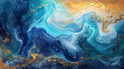 A mesmerizing abstract artwork, capturing the fluid dance of gold and azure, evoking the sea's timeless beauty..