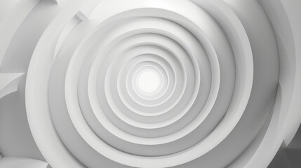 White spiral abstract design in high-key. Concentric circles creating abstract spiral artwork. Minimalist white spiral pattern on abstract background.