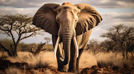 Powerful Majesty of a Tranquil African Elephant in Savannah Landscape: A Portrait of Resilience and...