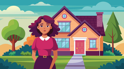 Young Woman Standing in Front of Cozy Suburban Home at Dusk