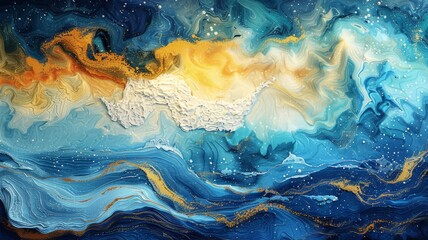 Fototapeta na wymiar Experience the dance of gold and blue in this vibrant abstract, where the fluidity of ocean waves meets a burst of sun-kissed gold..