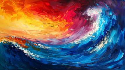 Explosive impasto technique creates a stunning abstract ocean with fiery swirls and cool depths..