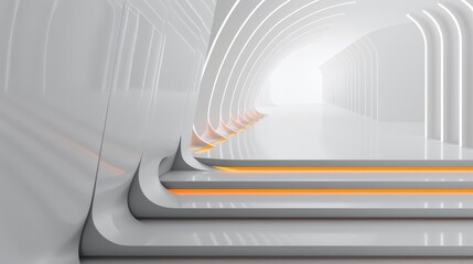 Futuristic white corridor with orange lighting leading to infinity. Modern architecture tunnel with illuminated floor and arches. Infinite perspective of a white passage with orange glow.