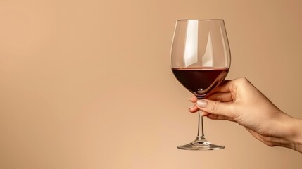 Side view of hand holding red wine glass isolated on pastel background with copy space