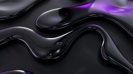 Glossy black waves with purple highlights abstract background. Elegant dark fluid shapes with violet reflections. Smooth and glossy abstract design with purple accents.