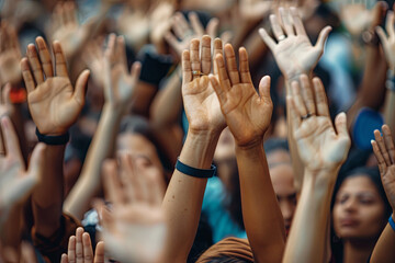 A diverse group of individuals lifting their hands together, set against a plain backdrop
