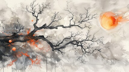Stark winter branches against a backdrop with a fiery orb, depicting a contrast of calm and fervor..