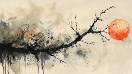 Abstract art capturing a barren tree against an ethereal autumn moon, in a serene color palette..