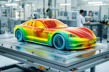 An intricate 3D visualization of aerodynamic flows around a vehicle, with colorful patterns representing wind tunnels tests and propulsion effects, set in a futuristic testing facility