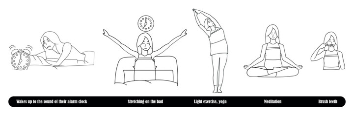 Female morning routine's illustration (sketch line) in vector files for graphic elements. Wake up, alarm clock, stretching, light exercise, yoga, meditation, brush teeth.