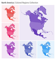 North America. Map collection. Continent shape. Colored countries. Deep Purple, Red, Pink, Purple, Indigo, Blue color palettes. Border of North America with countries. Vector illustration.