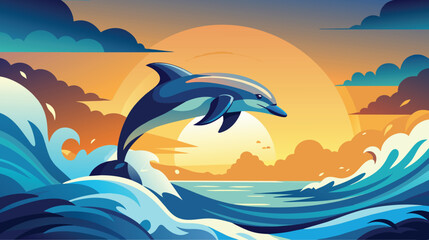 Majestic Dolphin Leaping at Sunset Near Ocean Waves