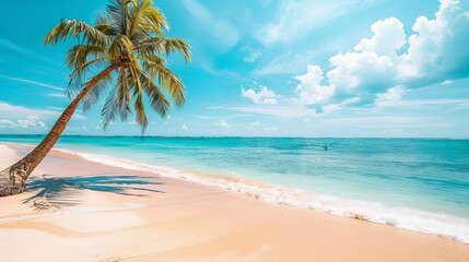 Sunny tropical paradise: white sand beach, coconut palms, and turquoise sea - summer vacation bliss