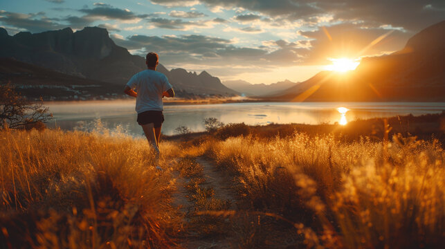 A man runs through a field of tall grass with a beautiful sunset in the background