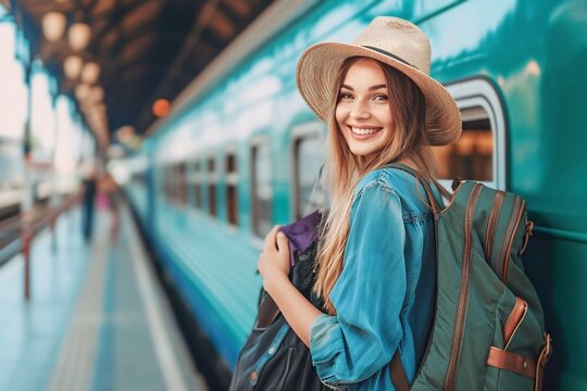 Beautiful young caucasian woman waiting for train for vacation, travel concept